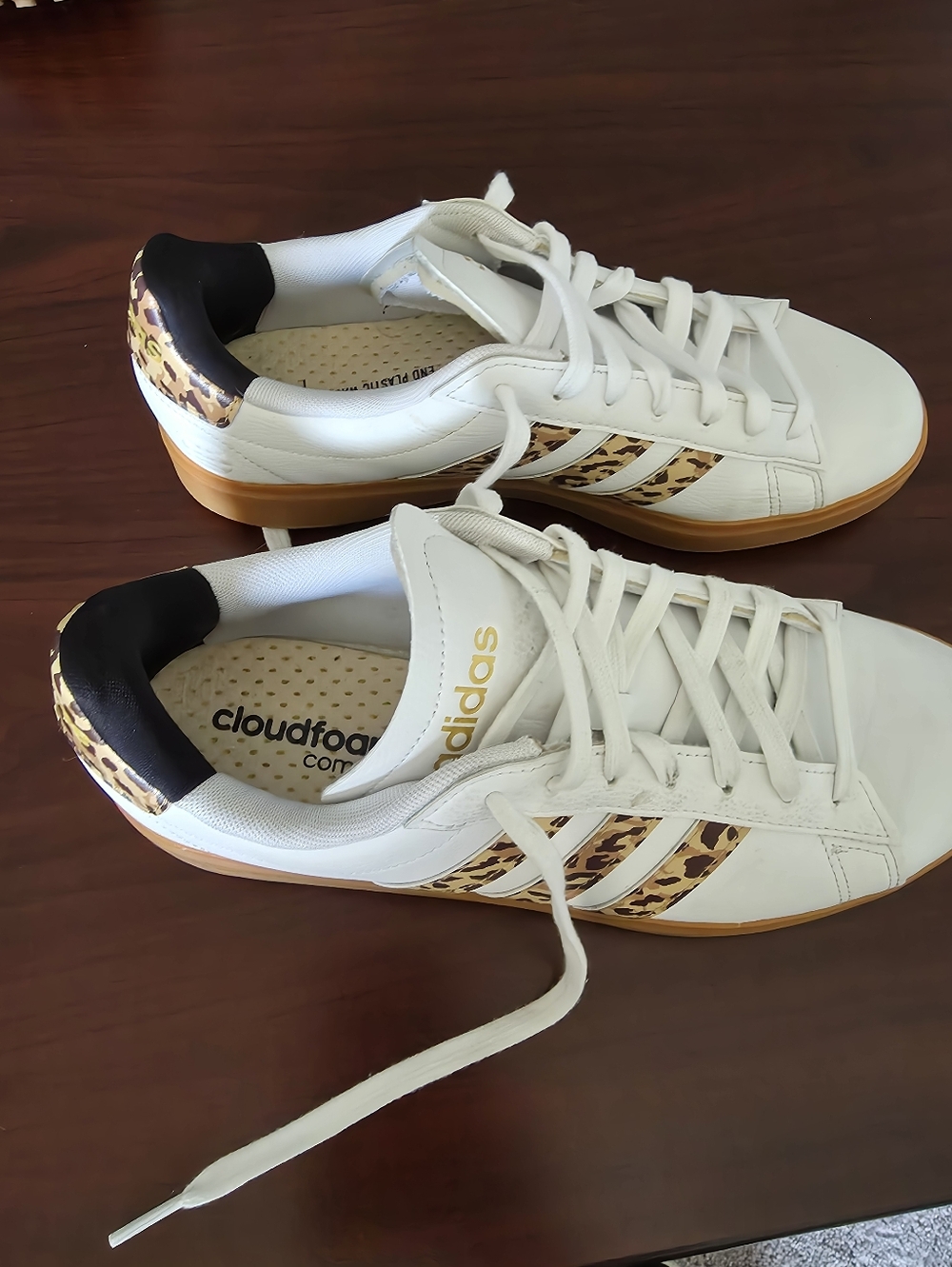 adidas White Sneakers with Leopard-Print Stripes and Gum Platform Sole